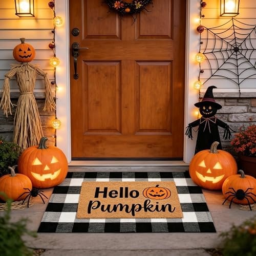 Fall Decor Halloween Layered Front Doormat Set, Hello Natural Coco Coir Door Mat + 28"x43" Black White Buffalo Plaid Rug, Non-Slip Porch Rug Outdoor Entryway Decor for Front Porch, Patio by MUBIN