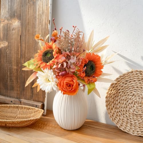 LUEUR Artificial Fall Sunflower with Vase – Faux Autumn Hydrangea & Rose - Image 7