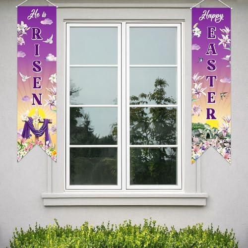 Easter Door Banner Set of 2, He Is Risen Banner Sign, Happy Easter Religious Porch Banner Decoration, Banners Decor for Front Door Porch Wall Yard Party Supplies Indoor Outdoor Decoration (Purple) - Image 6
