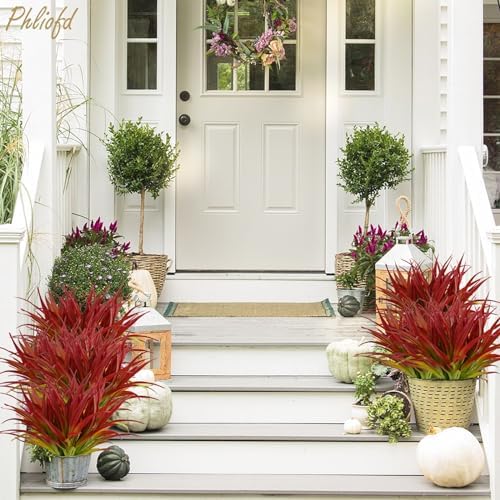 6Pcs Artificial Grass Fake Plants 17.3in Outdoor Plants UV Resistant Greenery Stems Fake Grass for Home Window Garden Office Patio Pathway Front Porch Christmas Décor Light Green & Red - Image 4