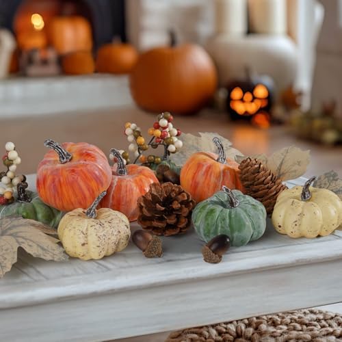 Artmag 25 PCS Pumpkin Decor Set, Artificial Pumpkins Fall Decor for Halloween Thanksgiving Decorations with Acorns, Pinecones, Berries, Maple Leaves for Home Table - Image 4
