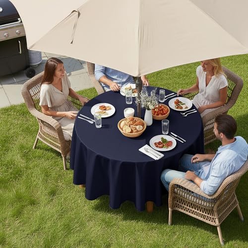 LUSHVIDA Round Outdoor Tablecloth with Umbrella Hole 60 Inch Navy - Image 2