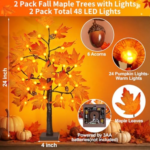 [Timer] 2 Pack 24 Inch Fall Maple Tree Fall Thanksgiving Decorations with 48 Lights, Battery Operated Lighted Pumpkin Acorn Artificial Tree for Thanksgiving Table Decorations Indoor Home Fall Decor - Image 4