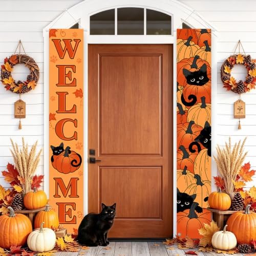 MEHOFOND Fall Black Cat Porch Banner Sign, Hello Fall Pumpkin and Maple Leaves Door Decorations, Fall Farmhouse Welcome Sign for Front Door, Autumn Porch Decor 71x12 Inches by MEHOFOND