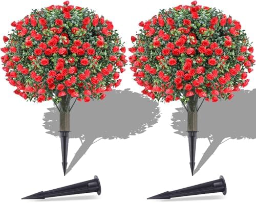 PATIO CHOICE Topiary Trees Artificial Outdoor Boxwood Ball Trees with Rose Set of 2 22" Fake Outdoor Plants Faux Bushes and Shrubs Decorations for Outdoor Indoor Front Porch Garden by LittleBeaver