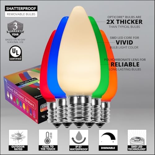 Wintergreen Lighting 100’ OptiCore LED Multicolor Smooth/Opaque Christmas Pathway Lights, C9 Outdoor Driveway Lights, 4.5” Stakes, Green Wire Plug String Lights - Image 3