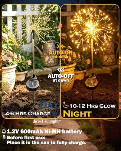 Solar Garden Lights Outdoor Yard Decorations, 2 Pack 150Leds Pathway Lights Stake, Fairy Firework Light for Garden, Patio, Pathway, Flowerbed Gold Color - Image 5