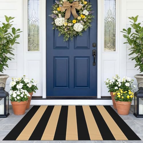 KOZYFLY Brown Black Striped Rug 27.5x43 in Woven Washable Front Door Mat by KOZYFLY