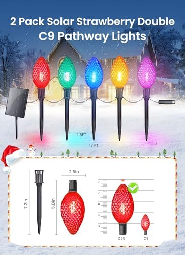 Minetom 2 Pack Solar Double C9 Strawberry Christmas Pathway Lights Outdoor -Total 32FT 20 LED C9 Christmas Lights Outdoor with Timer,8 Modes, Solar Christma Outside Decorations for Lawn, Multicolor - Image 2