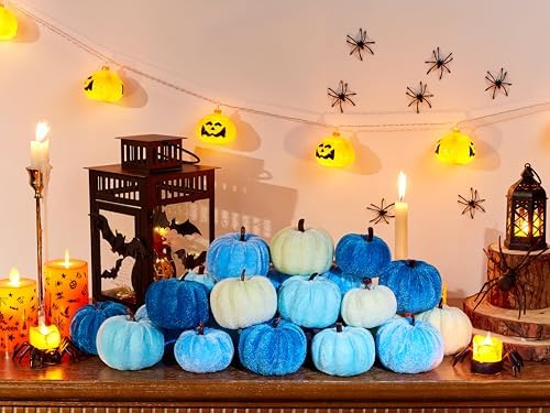 SITUMEIZI 12 Pcs Small Velvet Pumpkins Blue Pumpkin Fabric Foam Pumpkin for Fall Decor Wedding Thanksgiving Halloween Table Centerpiece Farmhouse Decoration - Image 2