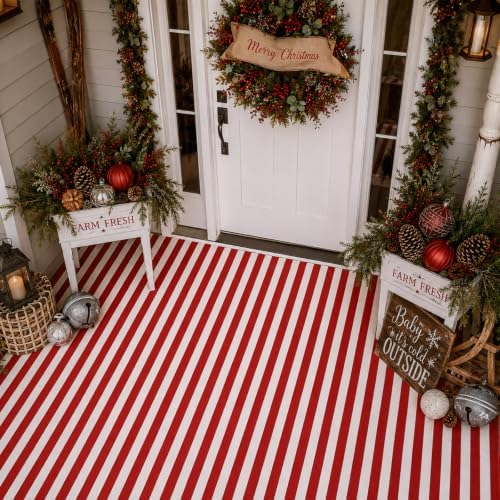 Moucuny Christmas Red and White Vertical Stripe Outdoor Rug 3' X 5' Doormat - Image 4