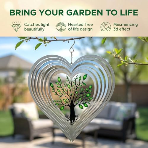 ISEO Silver Heart Wind Spinner Outdoor, 12 Inch Tree of Life Hanging Garden Decor, 3D Metal Yard Art for Porch Patio Balcony, Gift for Women Mom Grandma - Image 4