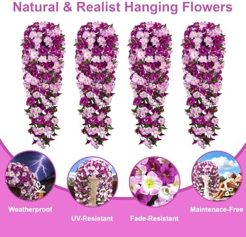 Artificial Hanging Flowers for Outdoors, 4 PCS 544 Blooms UV Resistant Morning Glory Faux Silk Vines, No-Odor Realistic Fake Plants for Garden Planter Porch Patio Decoration, Lotus Lightpurple - Image 5