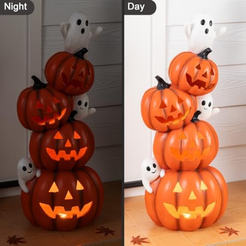 Glitzhome 33.25"H Halloween Lighted Stacked Jack-O-Lantern Porch Decor,MGO Pumpkin Ghost Statue with Timer,Scary Halloween Decoration for Indoor Outdoor Front Door Party Yard - Image 4