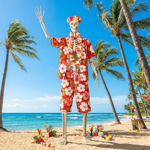4 Pcs 12 Ft Skeleton Hawaiian Outfit Set Tropical Shirt Shorts Lei Headband - Image 4