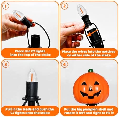 PASUTO 7Ft Halloween Pathway Lights Outdoor Pumpkin Stake Light with 4 Jack-O Lantern Pumpkin Lights and 4 Stakes, for Halloween Outdoor Walkway Pathway Driveway Garden Yard Lawn Light Decor - Image 6