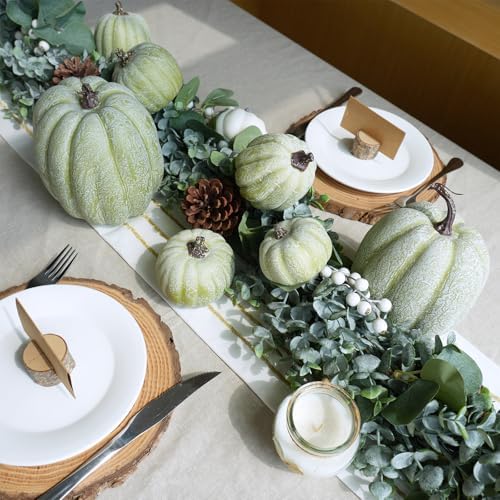 Winlyn 7 Pcs Assorted Sizes Artificial Green Pumpkins Decorative Green Whitewashed Faux Foam Pumpkins for Halloween Thanksgiving Farmhouse Fall Autumn Harvest Home Mantel Table Centerpiece - Image 3