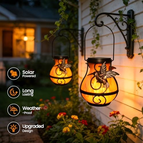 4 Pack Solar Lanterns Outdoor, Hummingbird Plastic Flickering Flame Lights, Hanging Solar Lantern Waterproof for Patio, Porch & Garden Decoration, Gifts for Women, Mom - Image 6