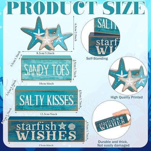 Yuntau 4 Pcs Summer Coastal Table Decorations Rustic Wooden Block Sign - Image 2