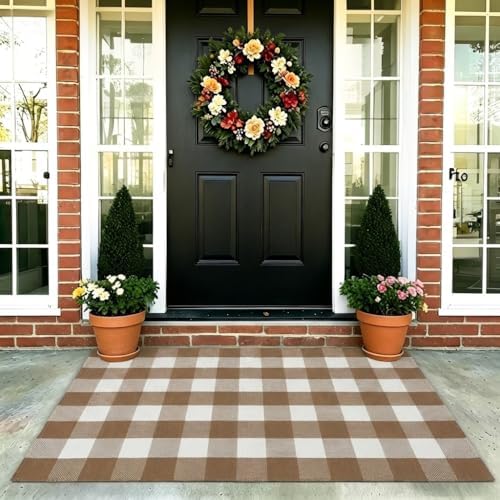 MUBIN Fall Decor Cotton Buffalo Plaid Rug, 3' x 5' Coffee White Outdoor Rug Front Door Decorative Mat, Washable Doormat Hand-Woven Foldable Area Rug Layered Door Mats Rug for Front Porch, Entryway - Image 4