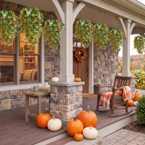6 Pcs Fall Artificial Hanging Flowers Outdoor, Beige,Green Orange - Image 6