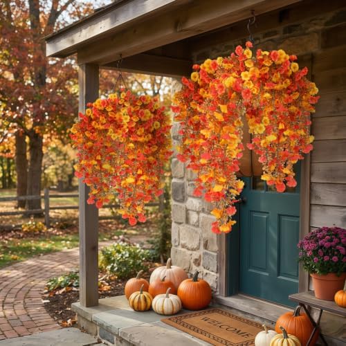 6 Pcs Artificial Hanging Flowers for Outdoor 30 Inch Orange Yellow Morning Glory Vines Brown Stem UV Resistant Fake Hanging Plants Silk Hanging FlowersGarden Porch Patio Window Box Fall Decor - Image 4