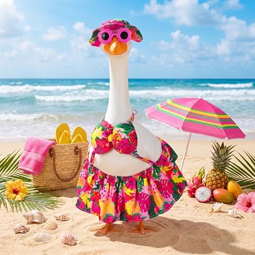 Abbylike Summer Porch Goose Outfits Bikini Hawaiian Tropical Printed Goose Clothes Fits Large 23'' Cement Plastic Statue for Front Door Outdoor Garden Patio Yard Pathway Art Decoration - Image 5
