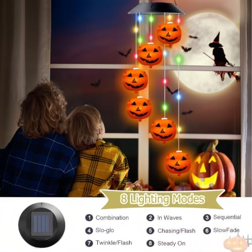 AVEKI Halloween Solar Wind Chimes Outdoor, Solar Mobile Wind Chime with 8 Lighting Modes, Waterproof Solar Powered LED Hanging Lamp for Outdoor Garden Festival Decoration (Pumpkin) - Image 3