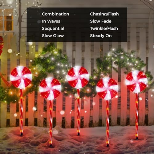 BRIGHTDECK Lollipop Solar Christmas Pathway Lights Outdoor, 5 Pack LED Christmas Decor with 8 Lighting Modes, Light Up Solar Stake Lights for Holiday, Xmas, Walkway, Sidewalk (Red, 5Pack) - Image 4