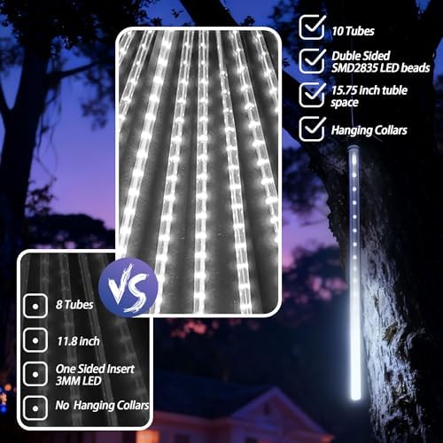 EEIEER Meteor Shower Lights Outdoor, 11.8 inches 10 Tubes 240 LED Snowfall Falling Rain Lights for Halloween Christmas Holiday Tree Home Party-White - Image 4