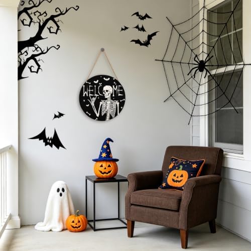 Halloween Skull Welcome Door Sign 12x12 Inch Halloween Wreaths for Front Door Spooky Skeleton Welcome Sign Rustic Wooden Holiday Decor for Front Porch Window Wall Farmhouse Indoor Outdoor - Image 5