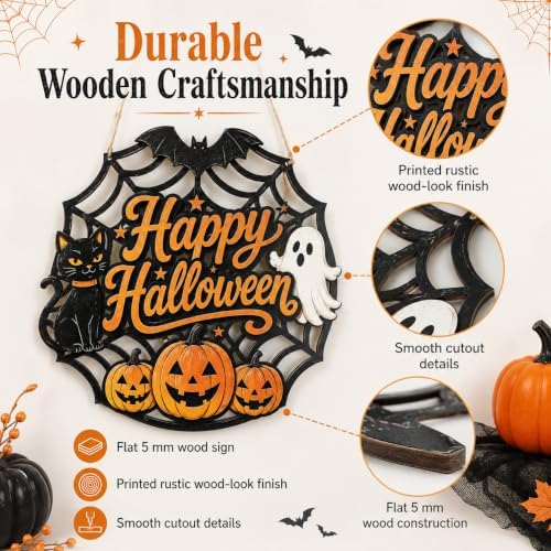 Happy Halloween Door Sign, Wooden Spider Web Front Door Hanger with Black Cat, Ghost & Pumpkins, Farmhouse Halloween Decorations for Front Door, Porch, Entryway, Wall Decor, Seasonal Hanging Sign - Image 3