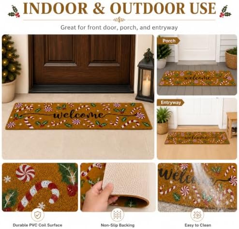 Long Doormat 48x 16 inch Candy Cane Door Mat Christmas Doormat Welcome Door Mat for Winter Christmas Front Door Outdoor Indoor Porch Entrance Decor - Image 5