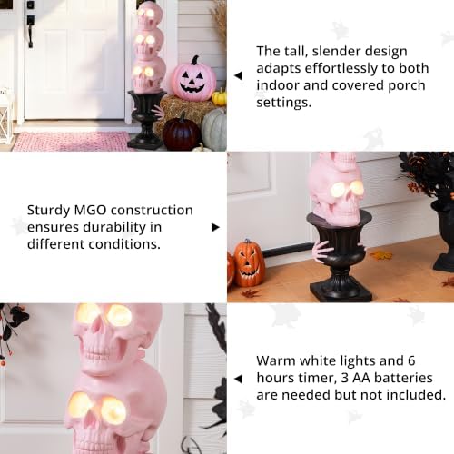 Glitzhome 31.50" H Halloween Lighted Stacked Skull Porch Decor,Pink MGO Skeleton Statue with Black Urn & Timer, Scary Halloween Decoration for Front Door Outdoor Indoor Yard Party - Image 3