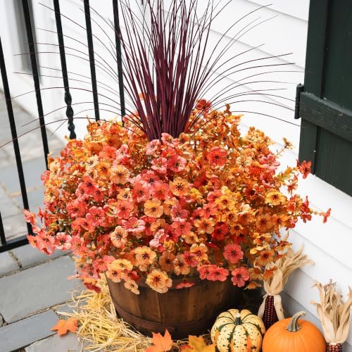 Fall Flowers Artificial Mums for Outdoors Autumn Decor, 12 Bundles Fake Fall Mums with 1 pcs Burgundy Grass UV Resistant Realistic Faux Flowers for Outside Home Porch Patio Planter Yard, Orange Yellow - Image 6