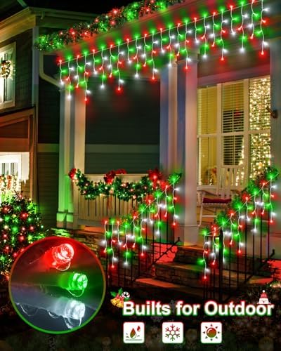 Christmas Lights Outdoor, 53 FT 486 LED Christmas Lights for Outside, Timer & Memory, Plug in 8 Modes Hanging Fairy Light with 108 Drops for House Eaves Yard Patio Decorations, Red Green and White - Image 5