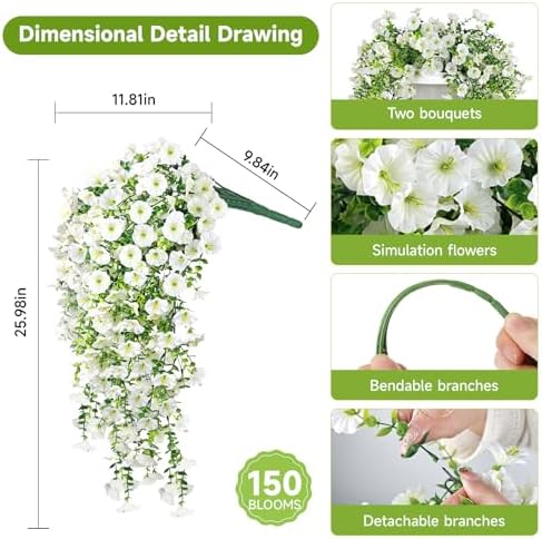 Artificial Hanging Flowers for Outdoors, 4 PCS 600 Blooms UV Resistant Morning Glory Faux Silk Vines, No-Odor Realistic Fake Plants for Garden Planter Porch Patio Decoration, White - Image 3