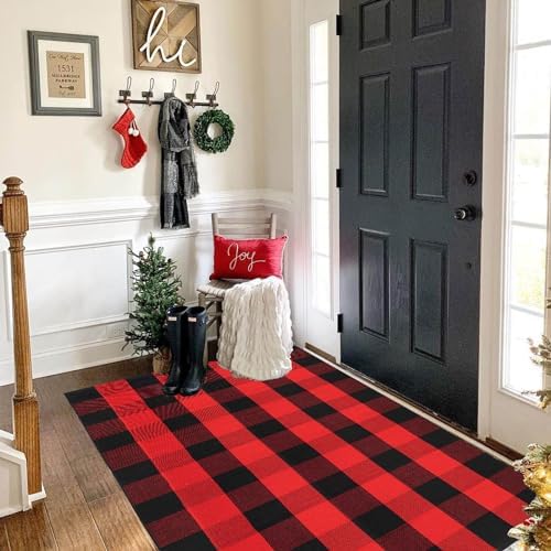 Christmas Door Mat Outdoor 35.4''x59'' Buffalo Plaid Christmas Decor Rug Cotton Hand-Woven Layered Door Mats Washable Carpet for Front Porch, Kitchen, Farmhouse, Entryway - Image 6