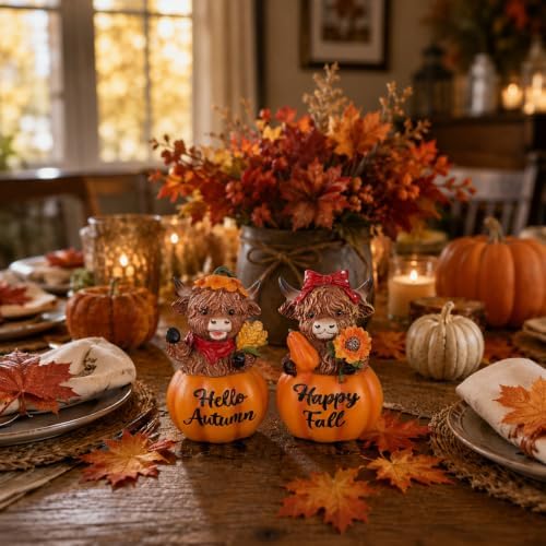 MEETYAMOR Fall Decorations for Home, 2 PCS Resin Highland Cows Figurines for Fall Decor, Rustic Pumpkin Harvest Ornaments for Thanksgiving Table Decor, Mantel, Shelf - Image 2