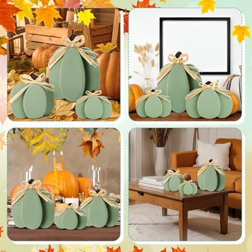 Ferraycle 3 Pcs Fall Pumpkin Decor Fall Wooden Signs 3D Pumpkin Tabletop Decor Farmhouse Sign Rustic Tiered Tray Decorations Block Centerpieces Standing Sign for Home Kitchen Harvest(Green Color) - Image 4