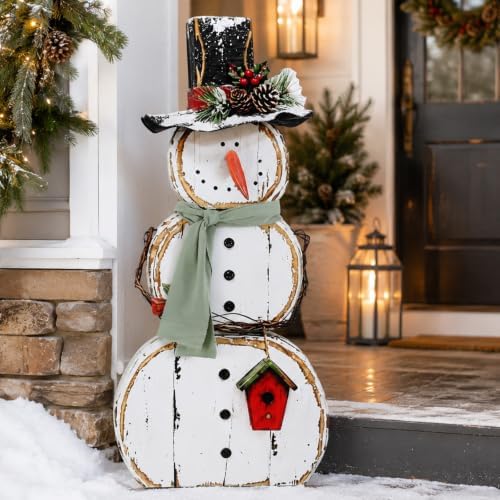 Christmas Snowman Wooden Porch Sign, 35" H Standing Porch Outdoor Decor by Beeveer