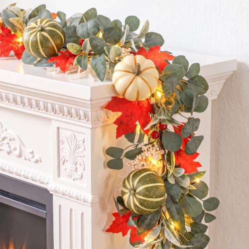 Lewondr 6ft Fall Garland with Lights for Mantel, 20 LED, Autumn Pumpkins - Image 5
