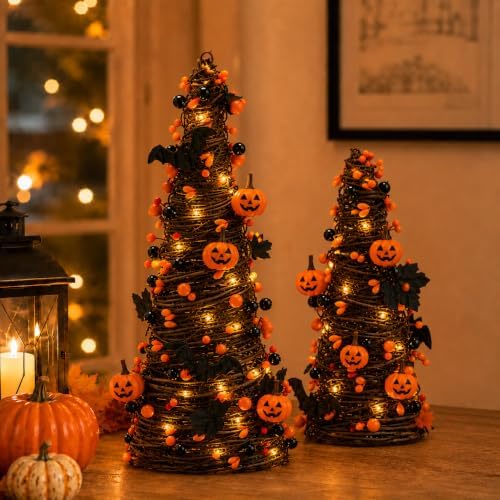 2Pack Lighted Halloween Tabletop Trees with Timer, Pumpkin Bat Decor - Image 6