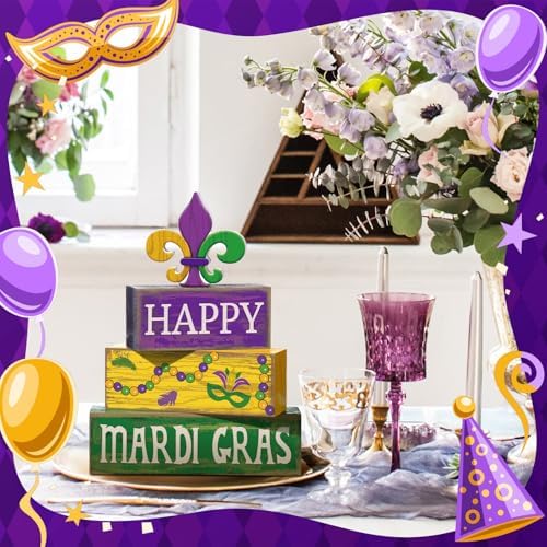 Moucuny 4 Pcs Mardi Gras Wooden Block Signs Tiered Tray Farmhouse Table - Image 4