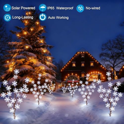 Upgraded 4 Packs Solar Snowflake Lights for Christmas Decorations Outdoor, 80 LED Waterproof Stake Lights for Lawn, Patio, Porch, Pathway, Yard - Image 4