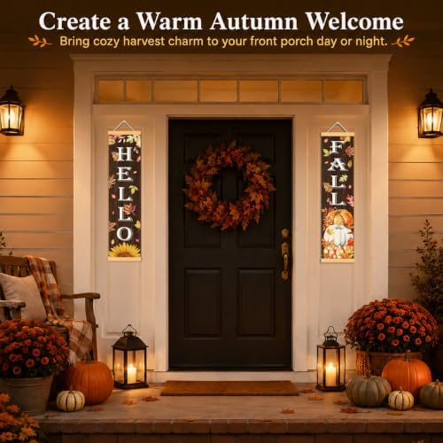 Hello Fall Woodgrain Door Banner Set of 2, Pumpkin Porch Decor for Home - Image 6