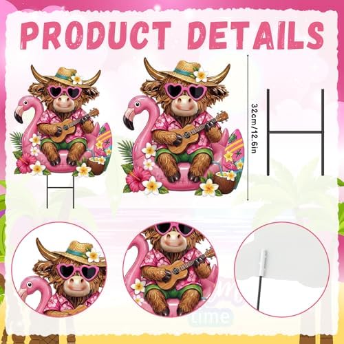 Amyhill Summer Highland Cow Outdoor Decor Metal Hawaiian Highland Cow Yard Signs with Stakes Tropical Pink Flamingo Decorative Lawn Signs for Indoor Outside Garden Pathway Walkway Holiday Party Decor - Image 3
