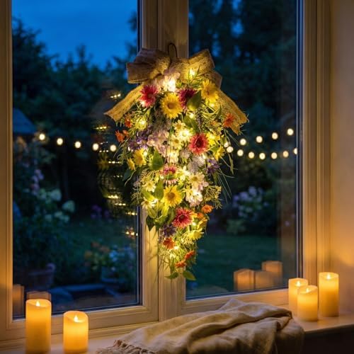 25 Inch Lighted Spring Summer Teardrop Swag with Timer Daisies Wildflower Burlap Bow Farmhouse Floral Decor for Front Door Wall - Image 5