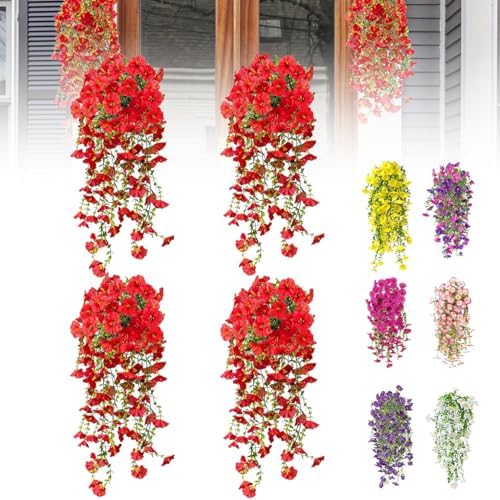 Artificial Flowers for Outdoors Fake Morning Glory Hanging Flower Decoration, 4 Pcs Realistic Faux Plants Petunias Trailing Vines, Spring Summer Decor for Porch Patio Balcony Planter Yard(Red) by BloomwithJoy