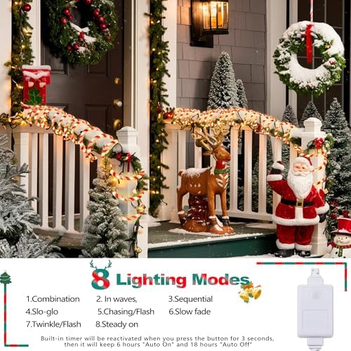 Toodour Christmas Candy Cane Lights, 50ft 360 LED Candy Cane Rope Lights Outdoor with 8 Modes, Connectable, Timer, Waterproof White & Red Christmas Light for Garden Patio Bedroom Party Xmas Decor - Image 3